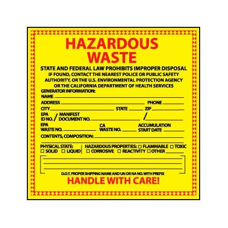 National Marker Co Hazardous Waste Vinyl Labels - State of California HW15